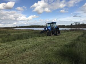 Tractor with 'soucy' tracks instead of wheels, specially adapted for work in boggy ground, cutting rush with a lake in the background