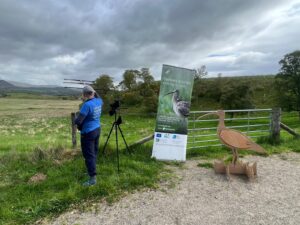 Intern Martine Stead holding a receiver aerial pointed out over grassland with a Curlew LIFE banner and wooden Curlew alongside © RSPB Insh Marshes